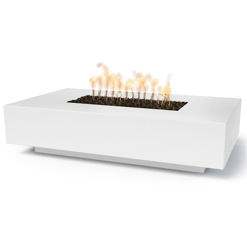 Linear concrete gas fire pit with open flame, white rectangular burner insert