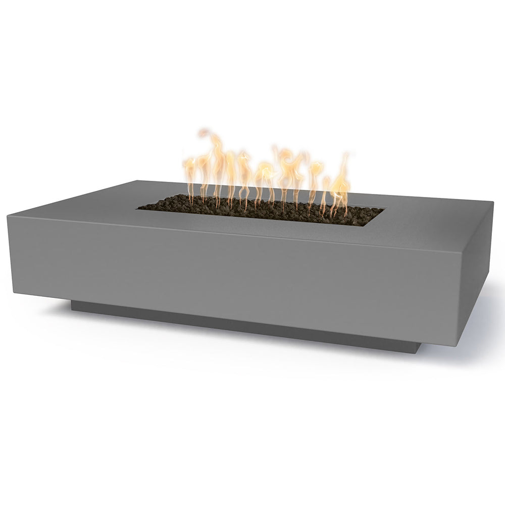 Linear concrete gas fire pit with gray finish and flames visible above the burner tray.