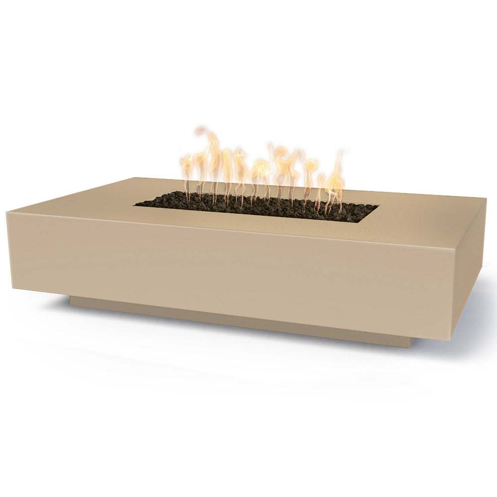 Linear concrete gas fire pit with open flame, light beige rectangular burner