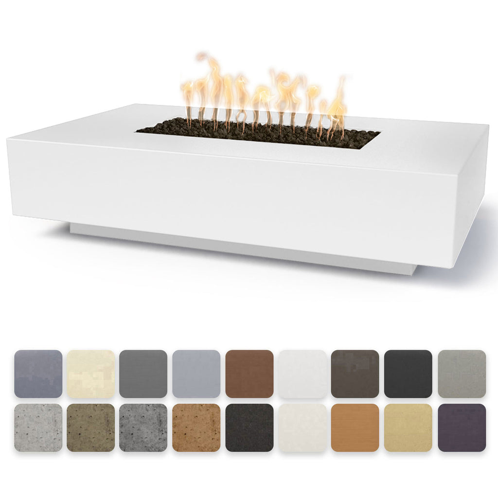 Linear concrete gas fire pit with open burner, white finish, flames visible on top.