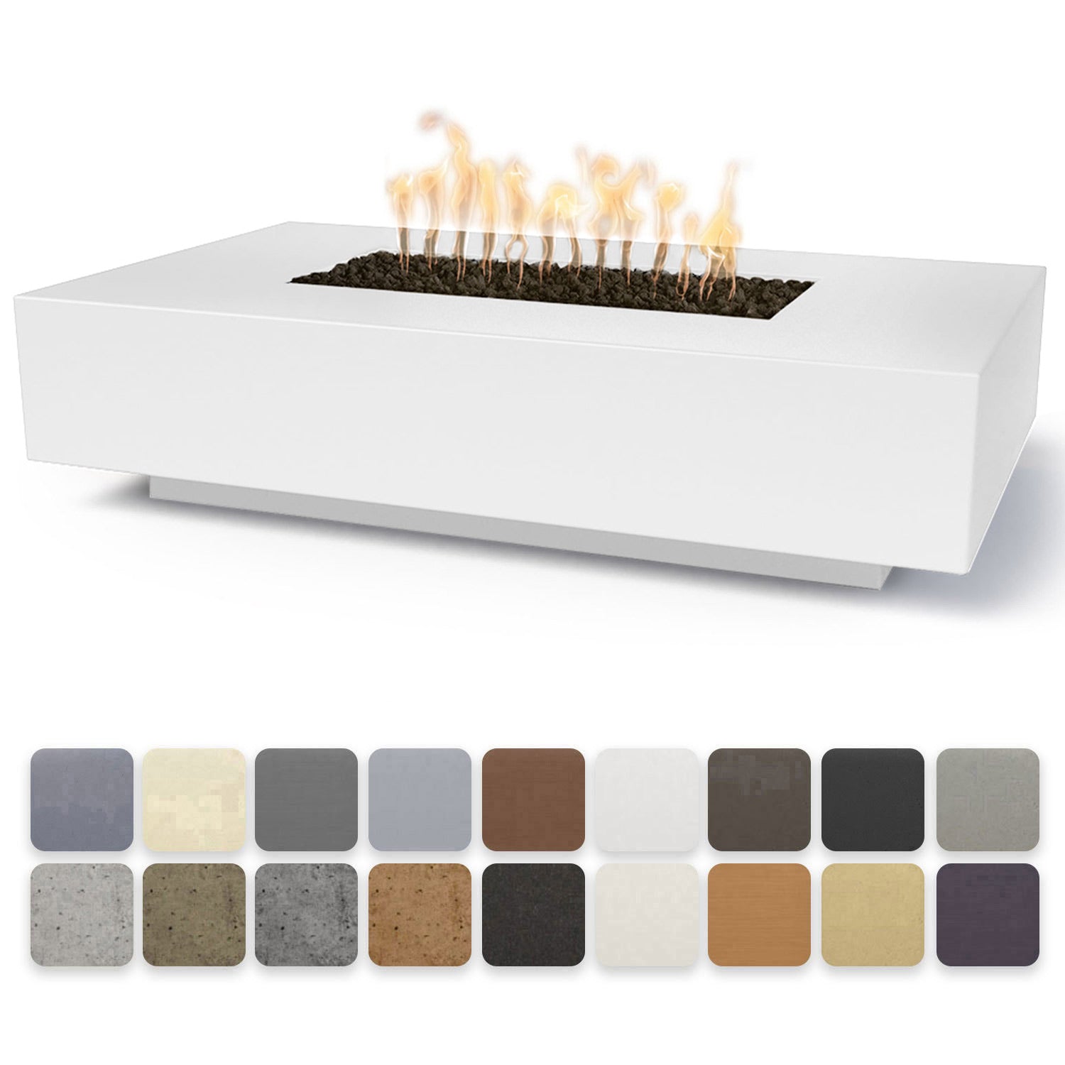 Linear concrete gas fire pit with open burner, white finish, flames visible on top.