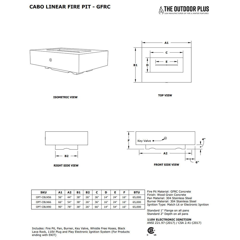 Linear fire pit dimension diagram with top, side, and front layout views.