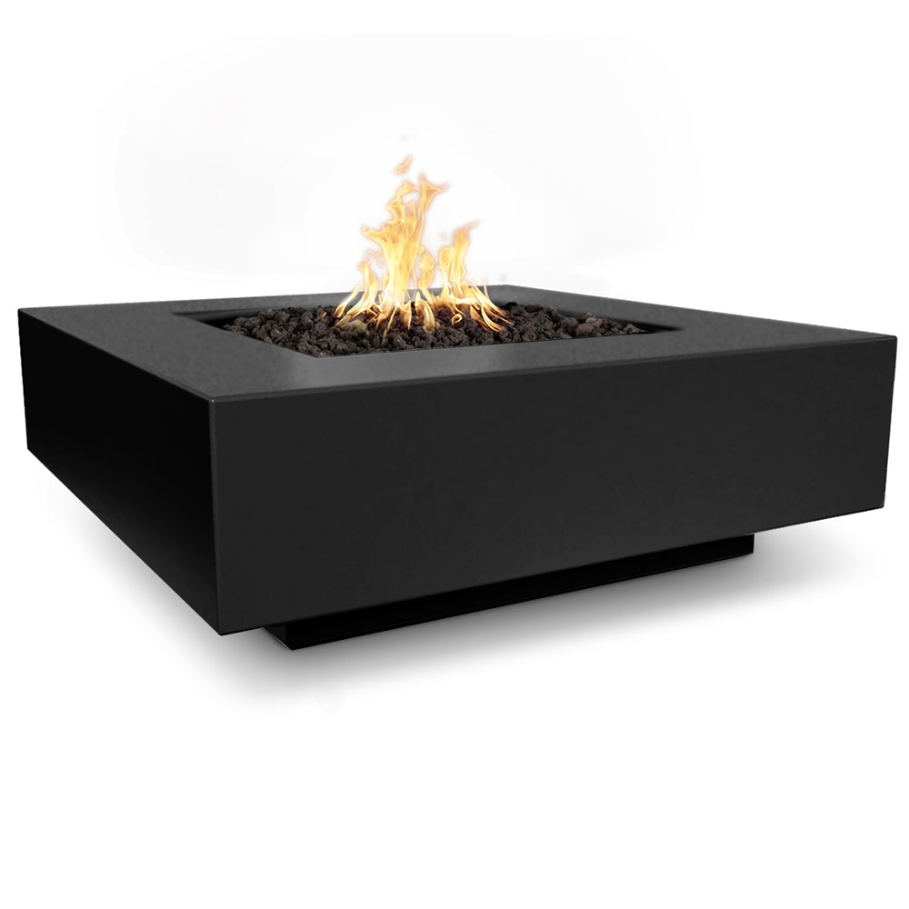 Square concrete gas fire pit with flames, black finish, open fire tray