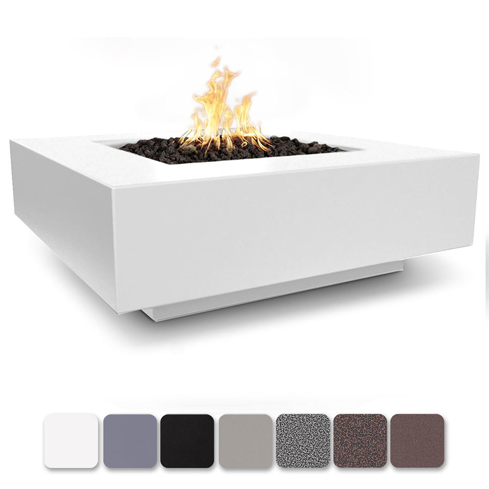 Square powder-coated steel gas fire pit with flame and black lava rocks, white finish