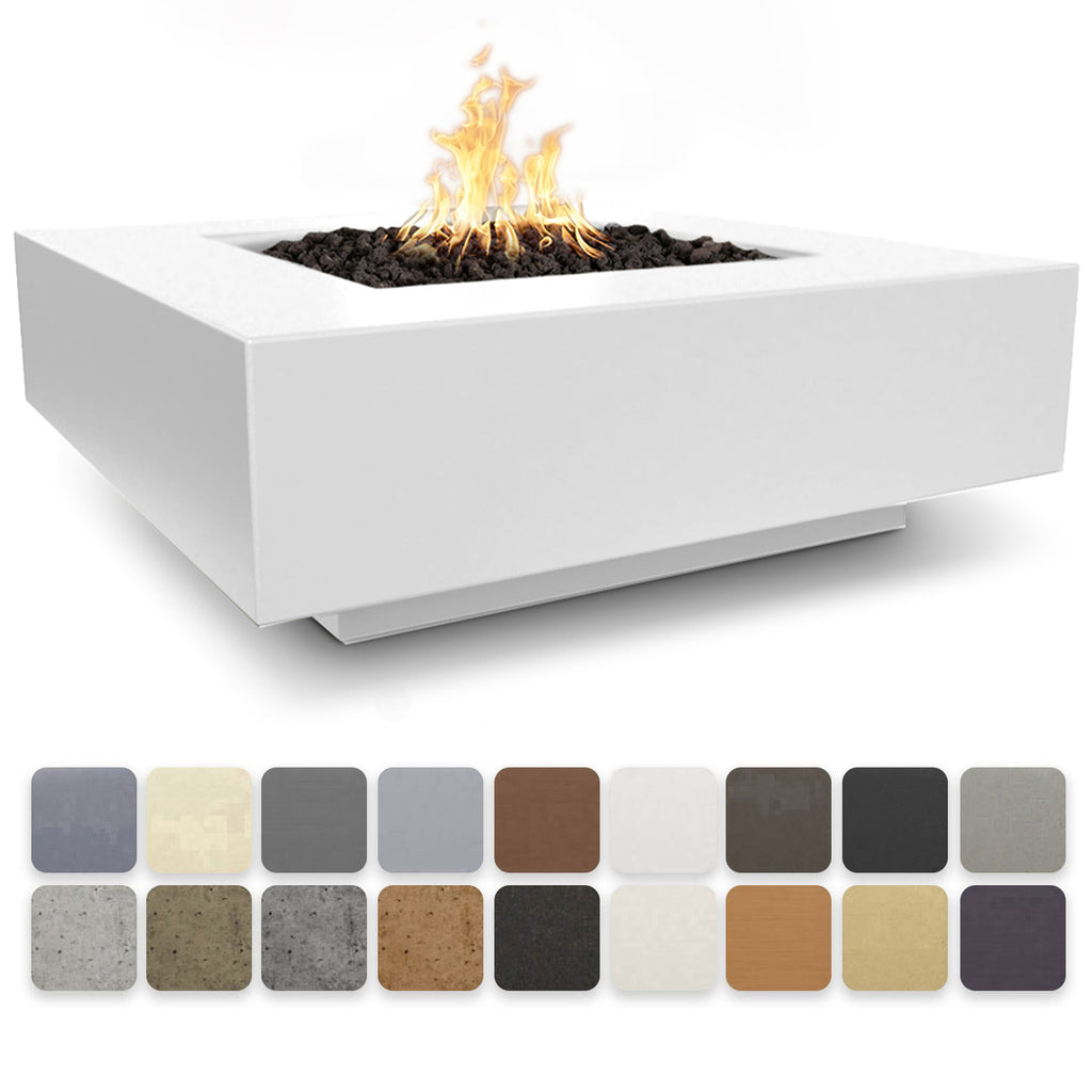 Square concrete gas fire pit with flames, light gray finish, open burner tray