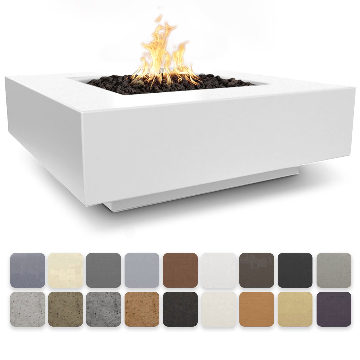 Square concrete gas fire pit with flames, light gray finish, open burner tray