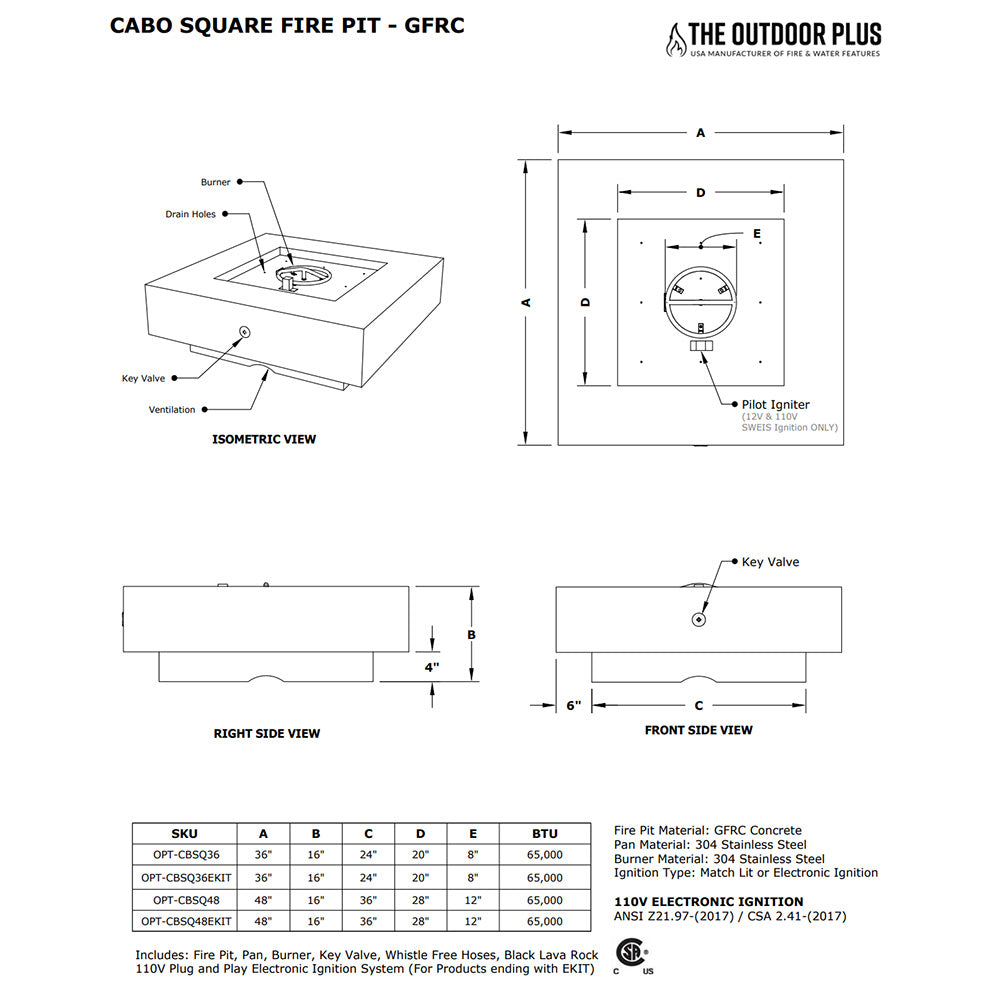 Cabo square gas fire pit GFRC line diagram with dimensions, burner, and controls