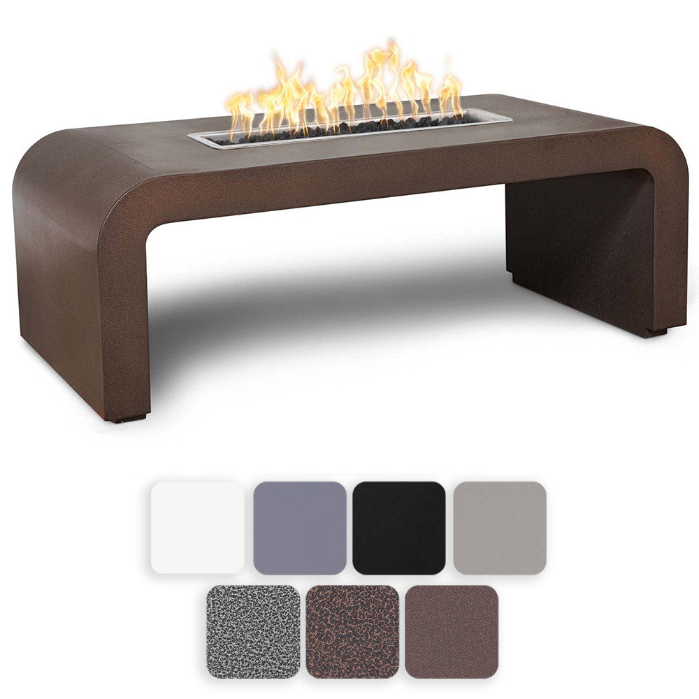Linear gas fire pit table with rectangular burner and visible flames, dark brown steel finish