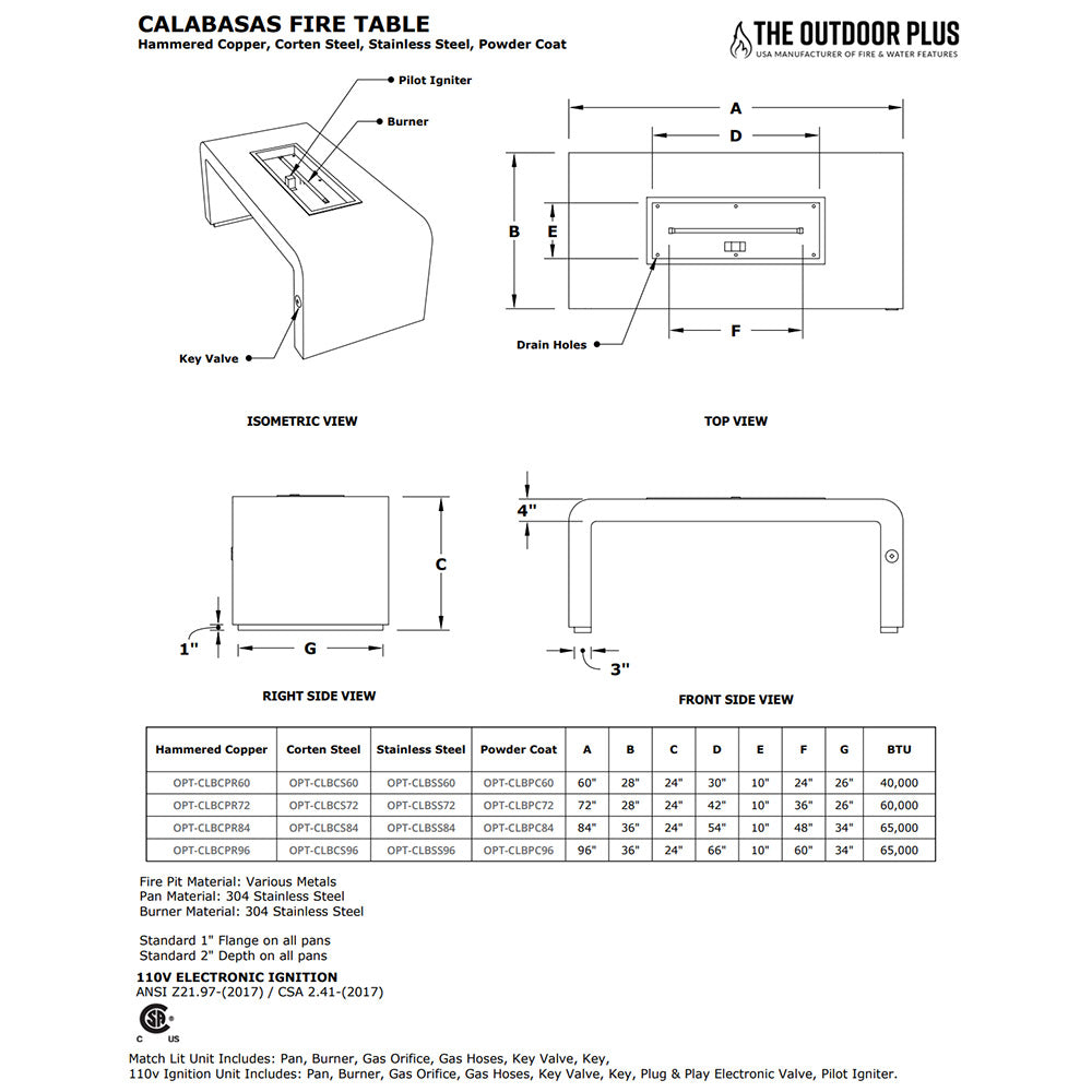 Gas fire pit table technical diagram with burner, side views, and dimensions