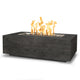 Rectangular wood-grain fire pit with flames, dark ebony concrete finish, open burner