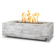 Rectangular wood-grain fire pit with flames, light gray concrete finish, low box