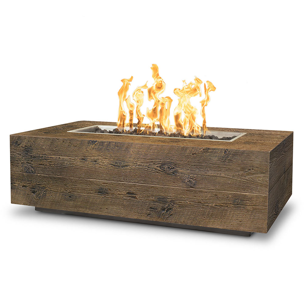 Brown wood grain fire pit with open flame in square concrete-style opening