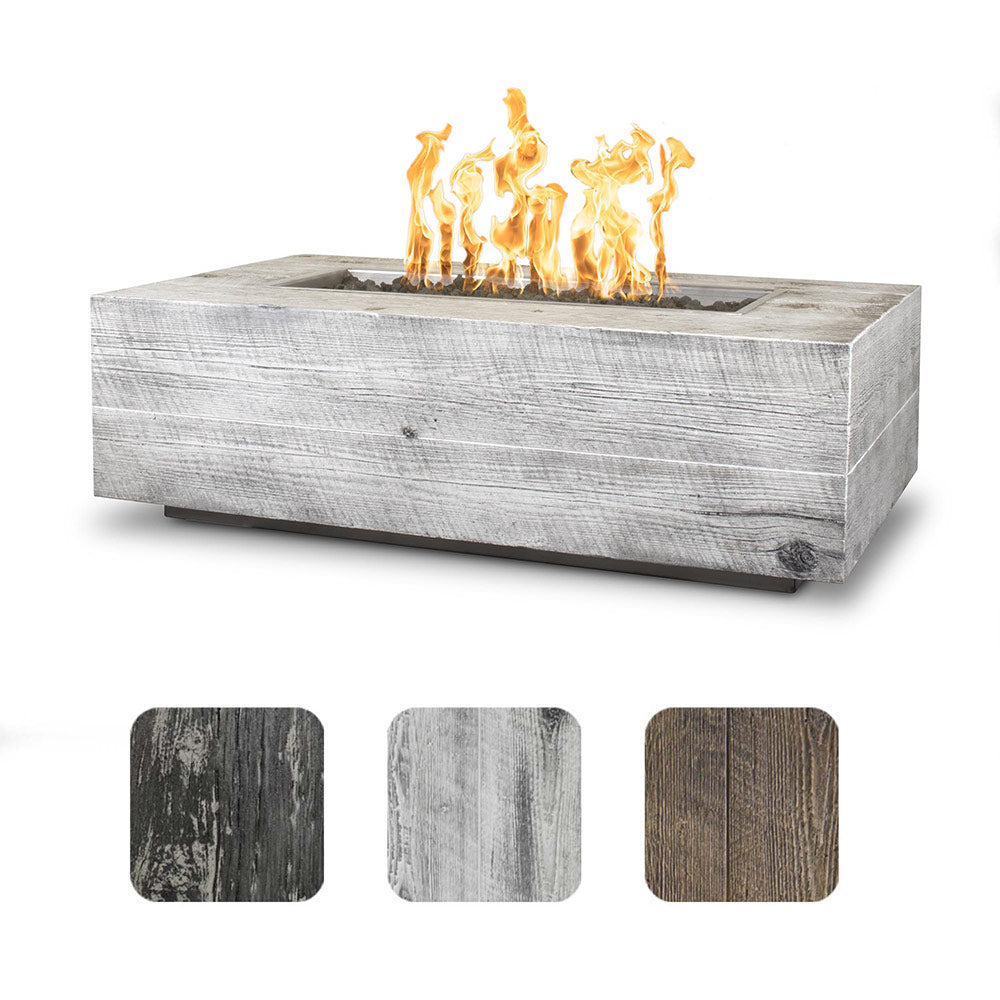 Rectangular wood-grain fire pit with tall flames, gray concrete finish, open burner box