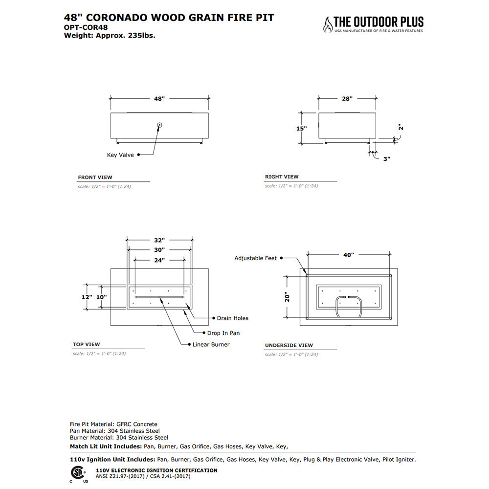 Wood grain fire pit dimensions diagram with 48 in front view and key features