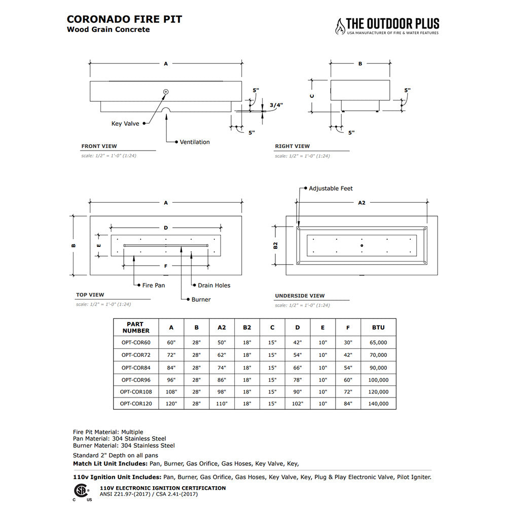 Coronado fire pit dimensions diagram with top, front, right, and underside views