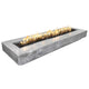 Wood grain concrete fire pit with rectangular burner, silver-gray finish, flames