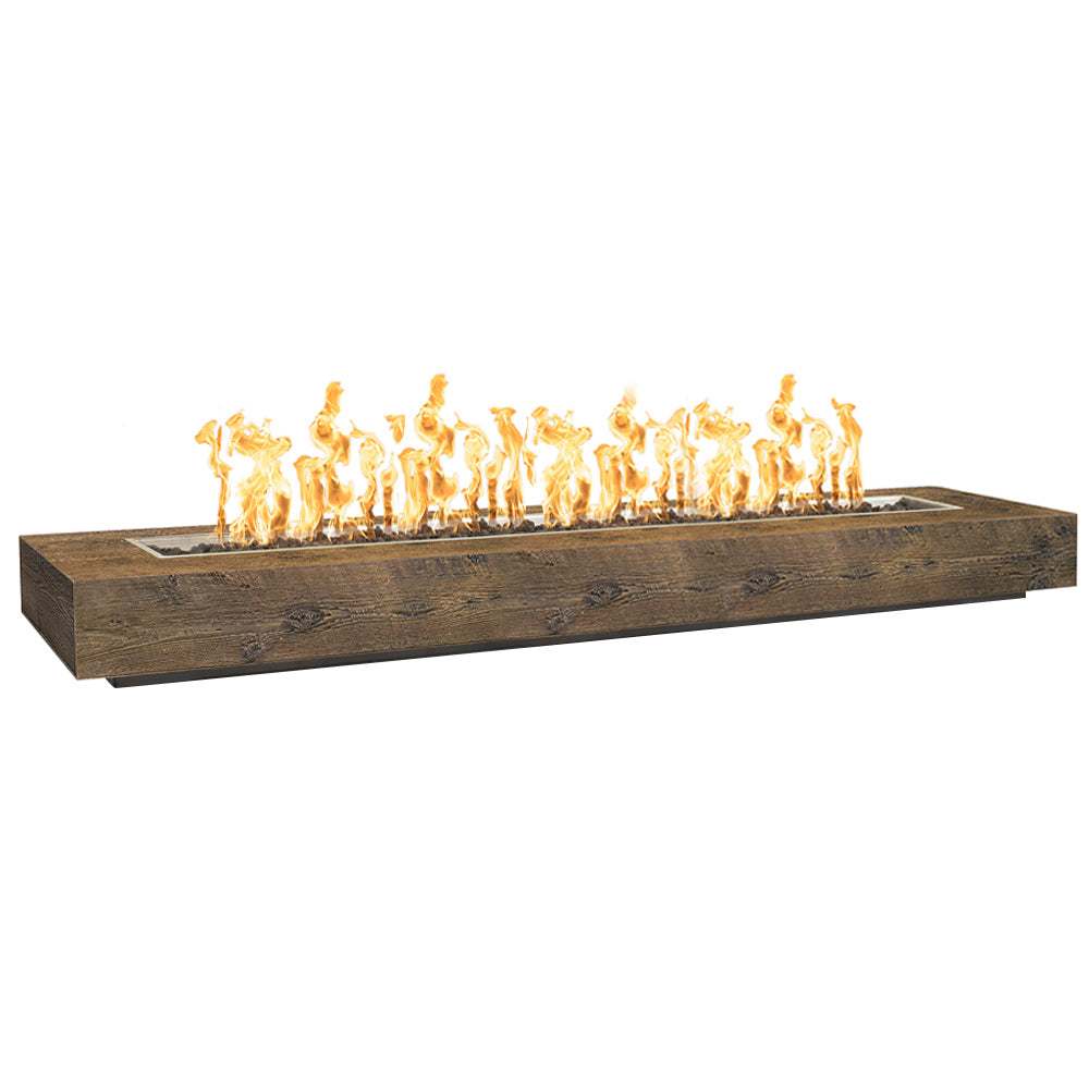 Wood grain concrete fire pit with rectangular burner, brown tone, flames