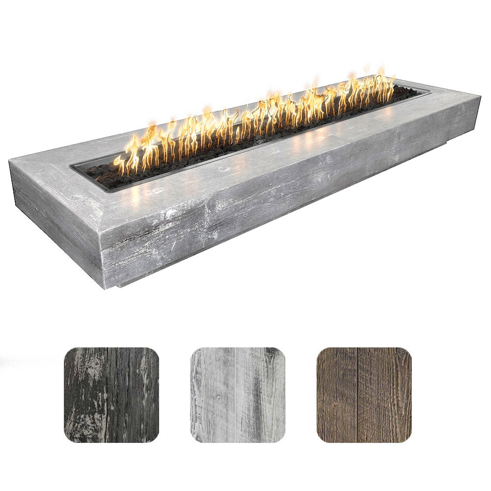 Wood grain concrete fire pit with rectangular burner, silver-gray, visible flames