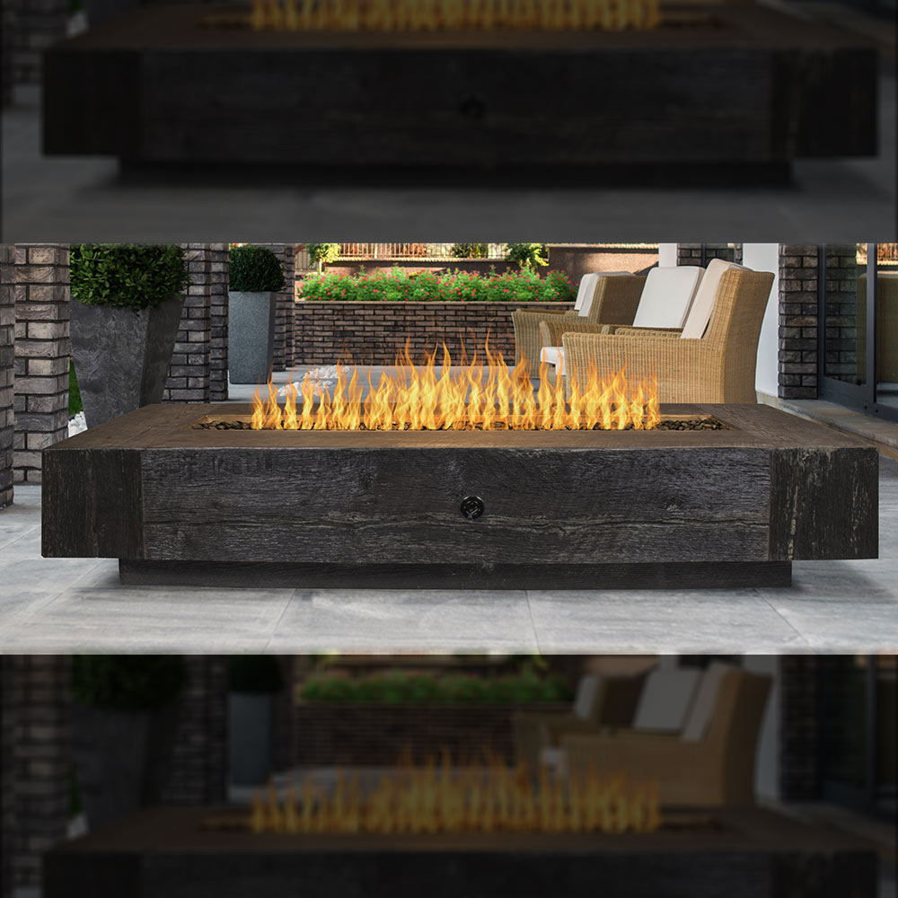 Dark wood grain concrete fire pit with rectangular burner and flames