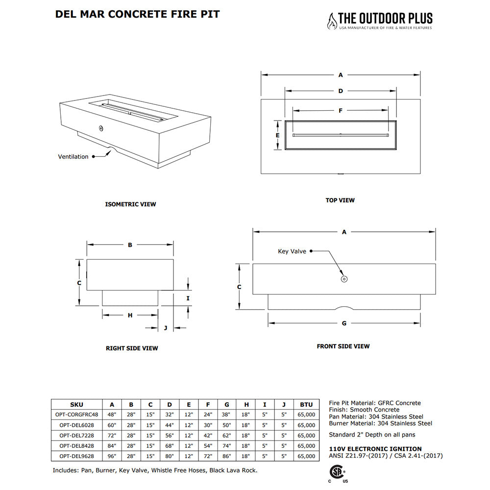 Technical line drawing of a linear concrete fire pit with dimension labels and key valve.