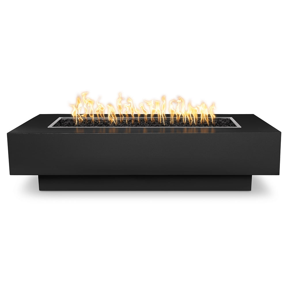 Black linear gas fire pit with rectangular burner pan and flames