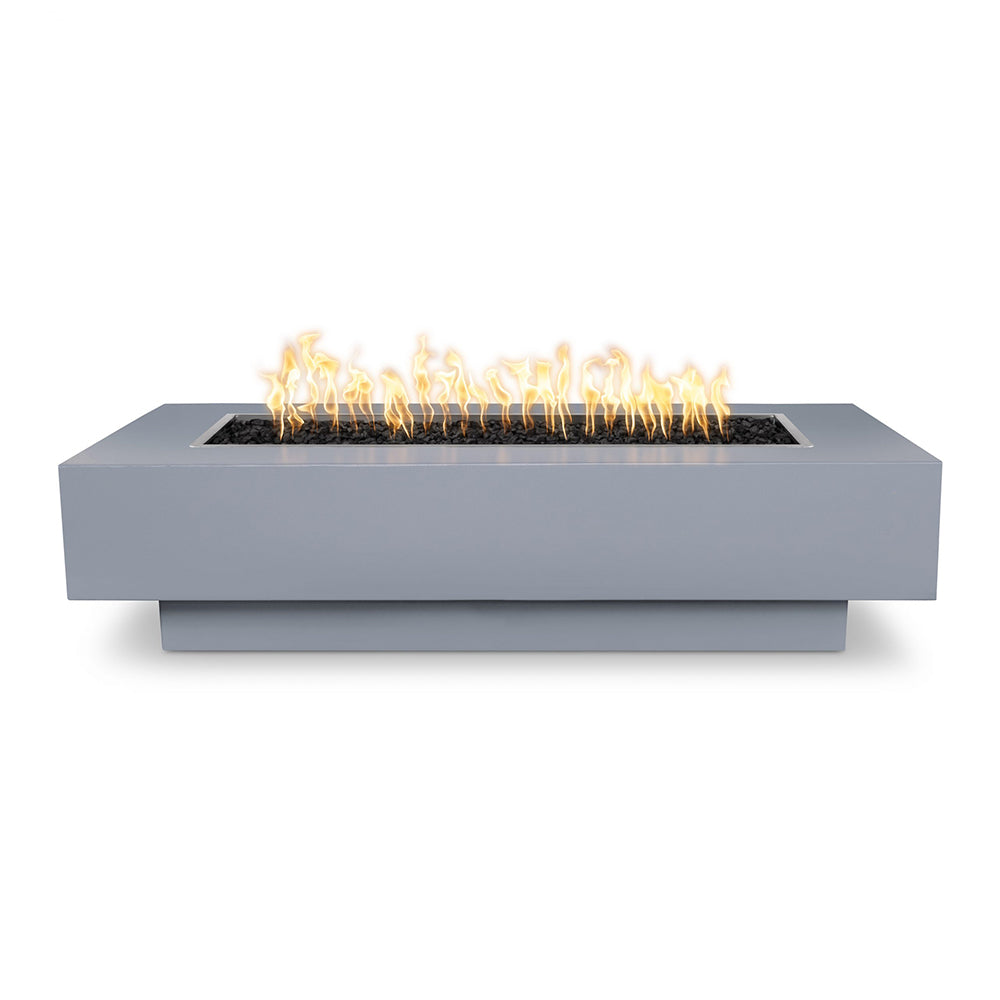 Gray linear gas fire pit with rectangular burner pan and flames