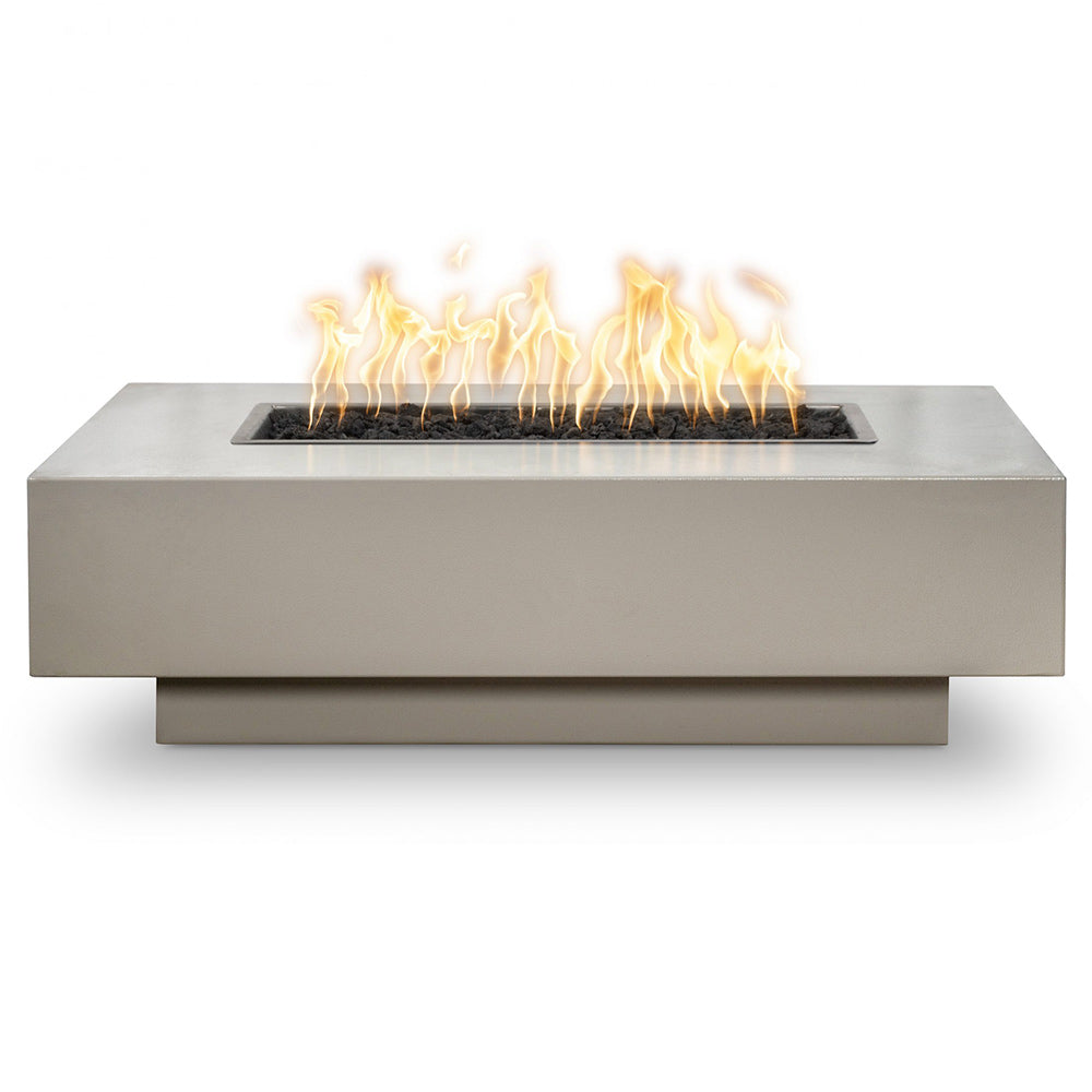 Silver gray linear gas fire pit with rectangular burner pan and flames