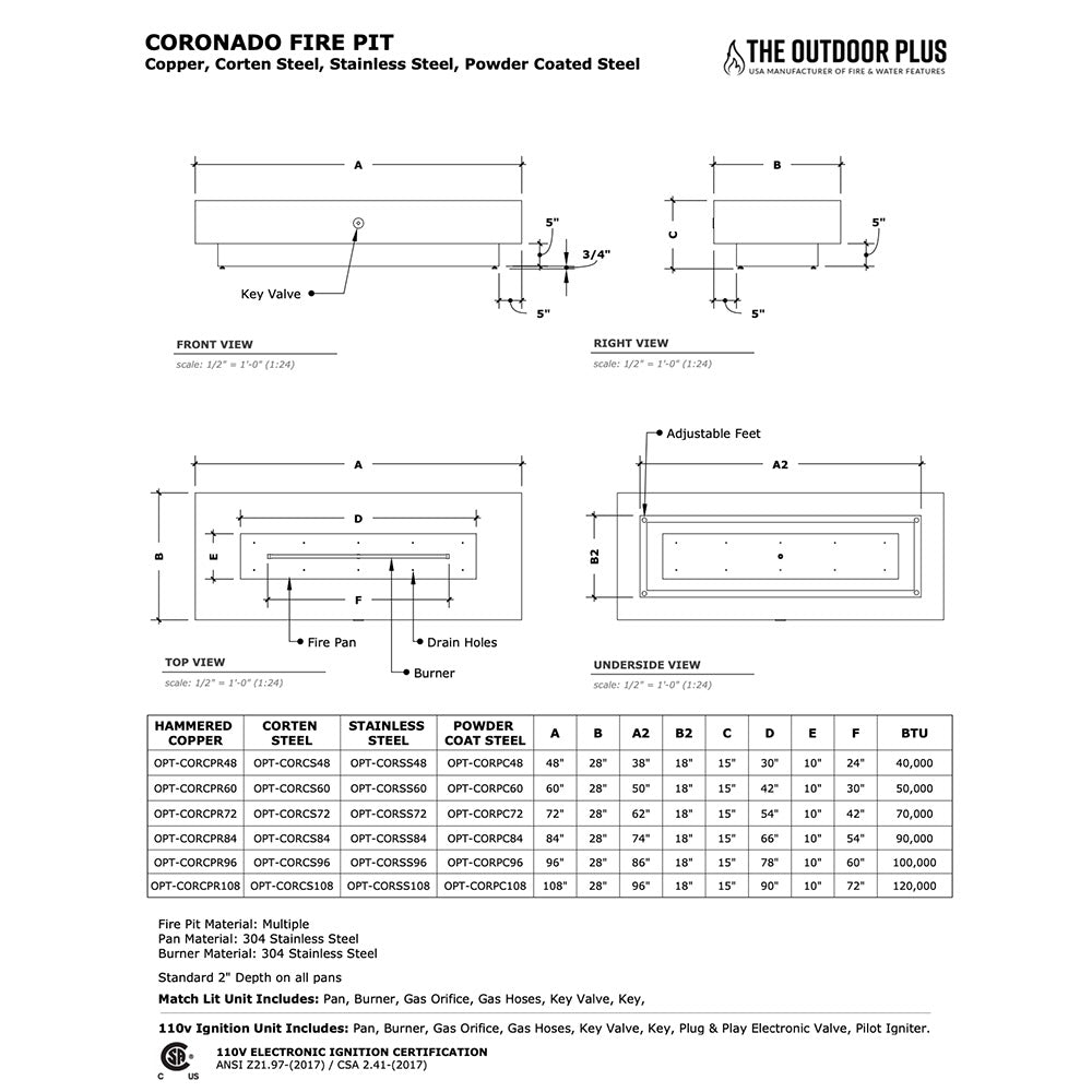 TOP Fires by The Outdoor Plus Coronado 108x28-Inch Linear Powder Coated Steel Gas Fire Pit