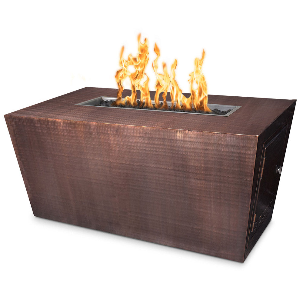 Linear copper gas fire pit with flames in rectangular burner pan
