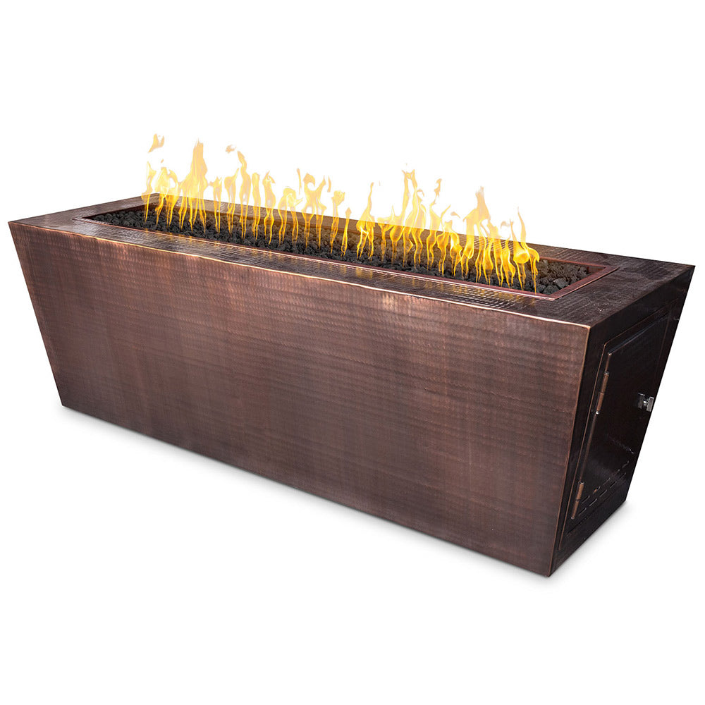 Linear copper gas fire pit with raised sides and flames across the burner