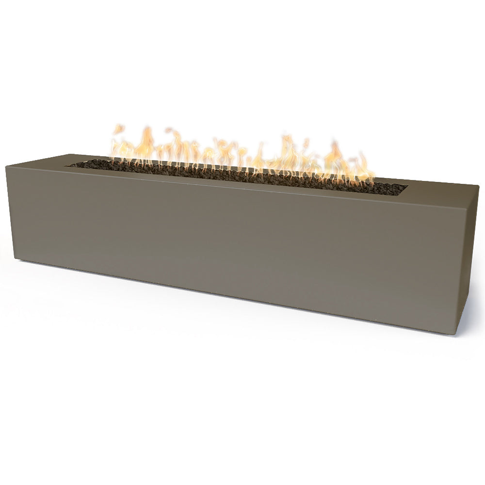 Linear concrete gas fire pit with open top and flames, dark gray-green body