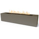 Linear concrete gas fire pit with flames, dark olive-gray rectangular body and open top