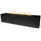 Linear concrete gas fire pit with flames, black rectangular body and open burner top