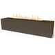 Linear concrete gas fire pit with flames, dark brown rectangular body and open burner top