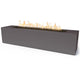 Linear concrete gas fire pit with flames, medium gray rectangular body and open burner top