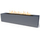 Linear concrete gas fire pit with open flame, dark gray rectangular surround