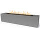 Gray linear concrete gas fire pit with open flame and black burner bed