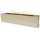 Light beige linear concrete gas fire pit with open flame and black burner bed