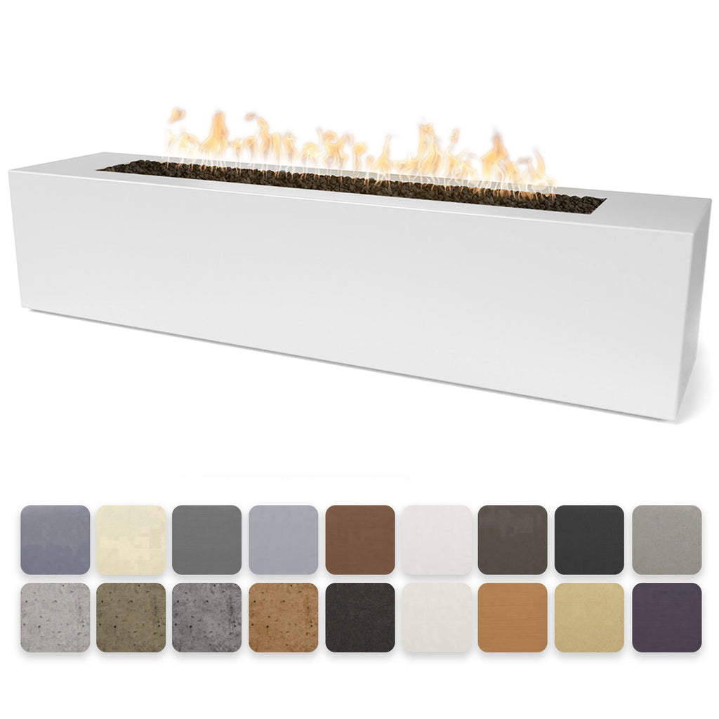 Linear concrete gas fire pit with open top and flames, light gray body