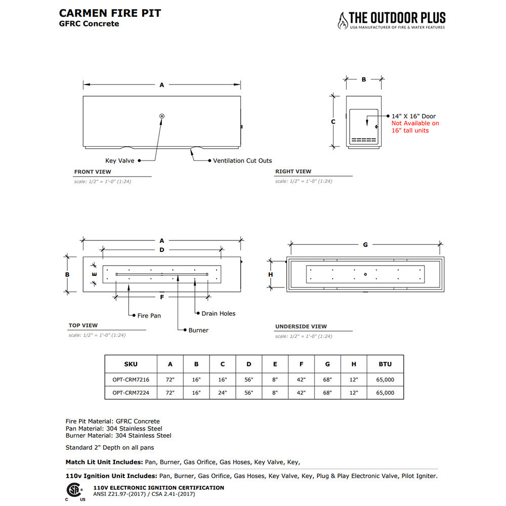 Carmen fire pit GFRC concrete diagram with key valve and burner layout dimensions