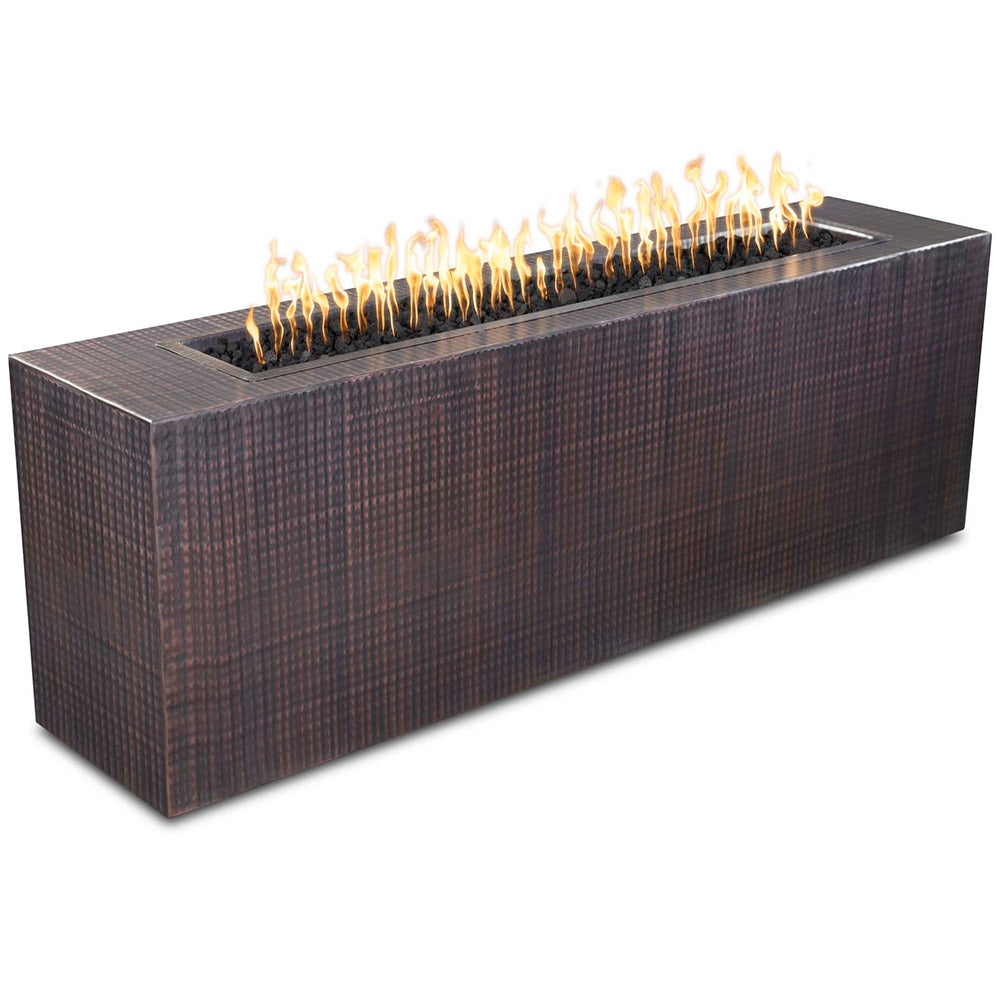 Linear gas fire pit with dark copper-toned outer panels and visible flames across the top