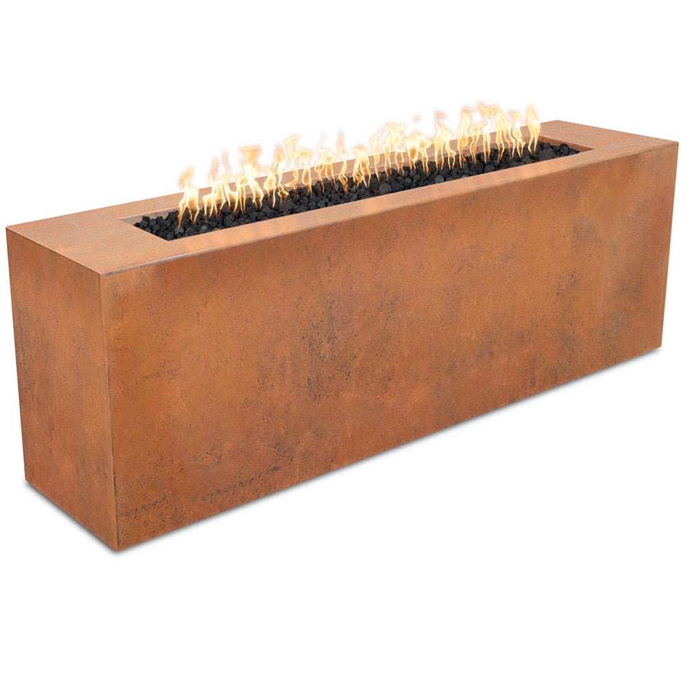 Corten steel linear gas fire pit with flames in a rectangular burner tray