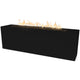 Black linear gas fire pit with burner tray and flames