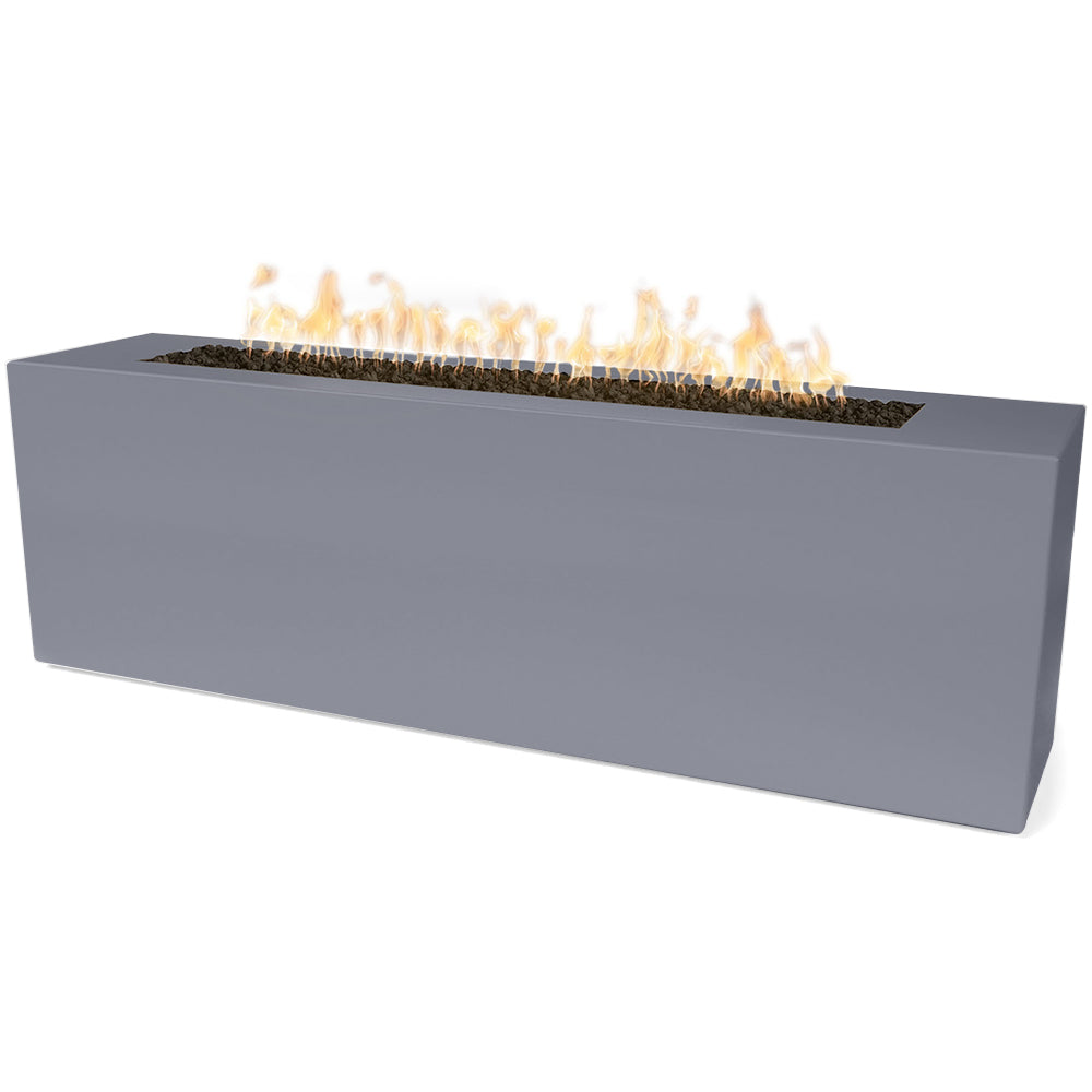 Gray linear gas fire pit with flames above a dark burner tray.
