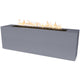 Gray linear gas fire pit with flames above a dark burner tray.