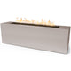 Light gray linear gas fire pit with flames above a dark burner tray.