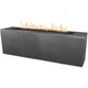 Dark gray textured linear gas fire pit with flames above a dark burner tray.