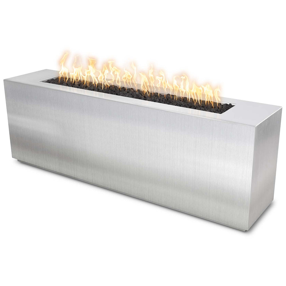Linear stainless steel gas fire pit with open burner and flames