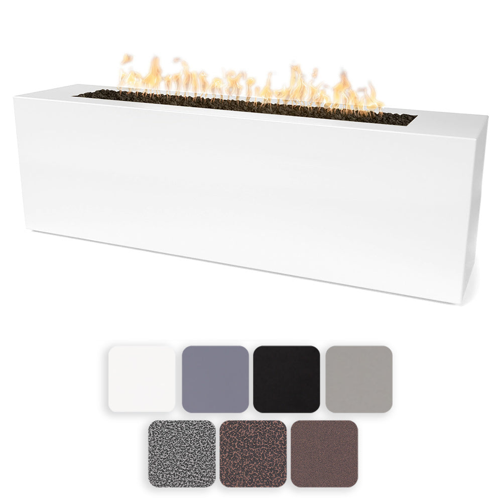 White linear gas fire pit with visible flames and dark burner tray on top.