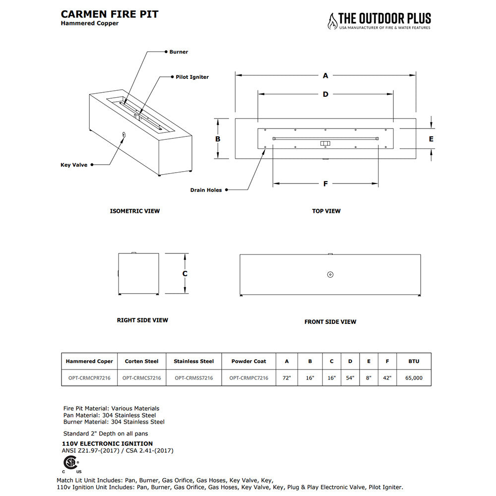 Technical diagram of linear gas fire pit, showing burner parts and measurements